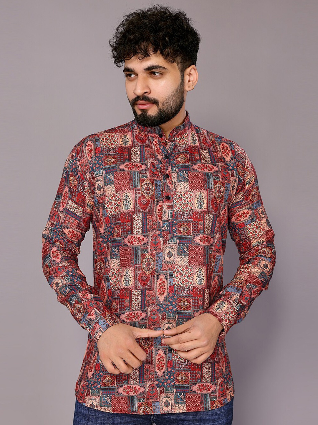 

HARPITA Floral Printed Machine Wash Long Sleeves Cotton Short Kurta, Pink