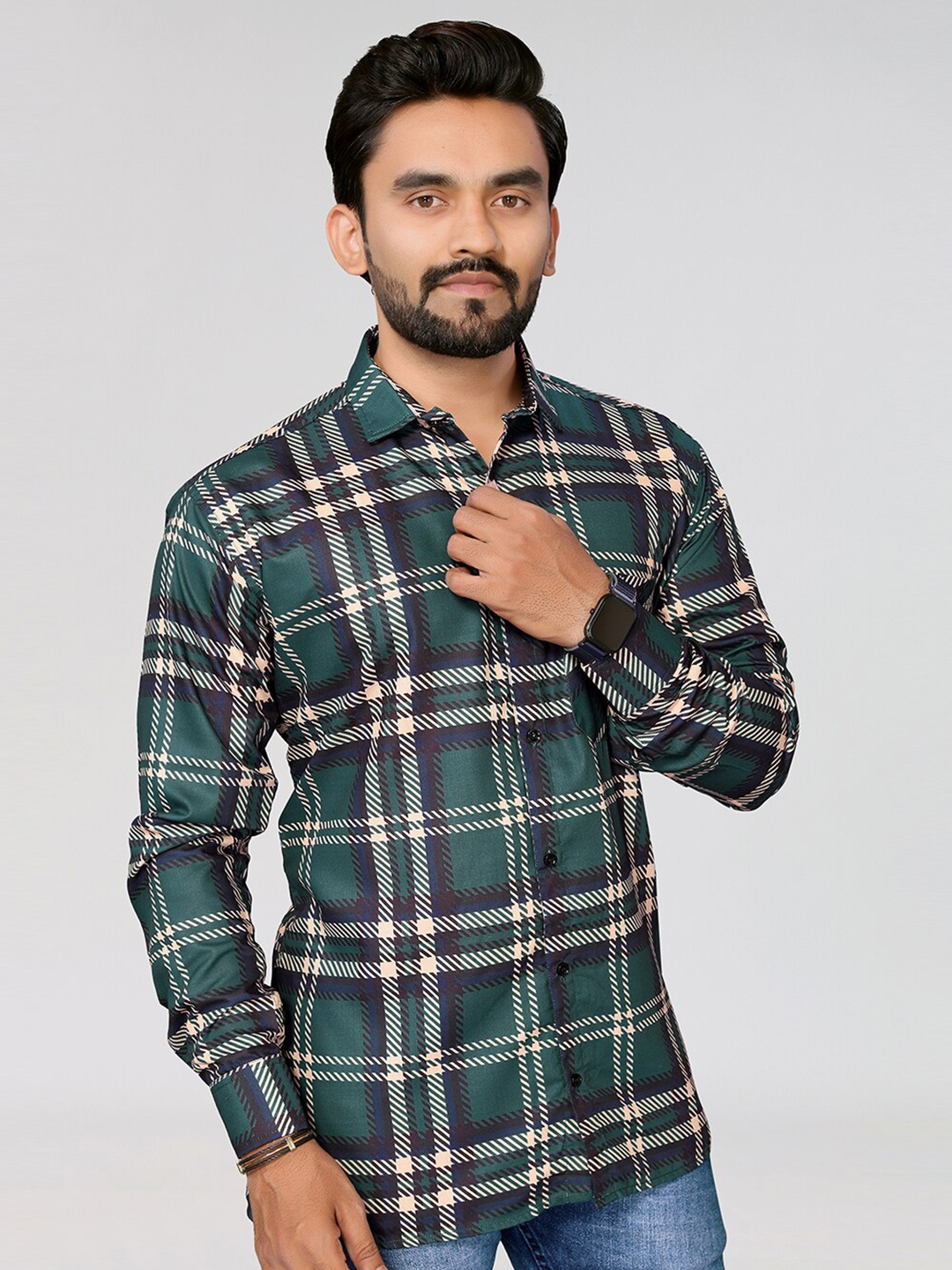 

HARPITA Relaxed Shepherd Checks Sheer Checked Cotton Casual Shirt, Green