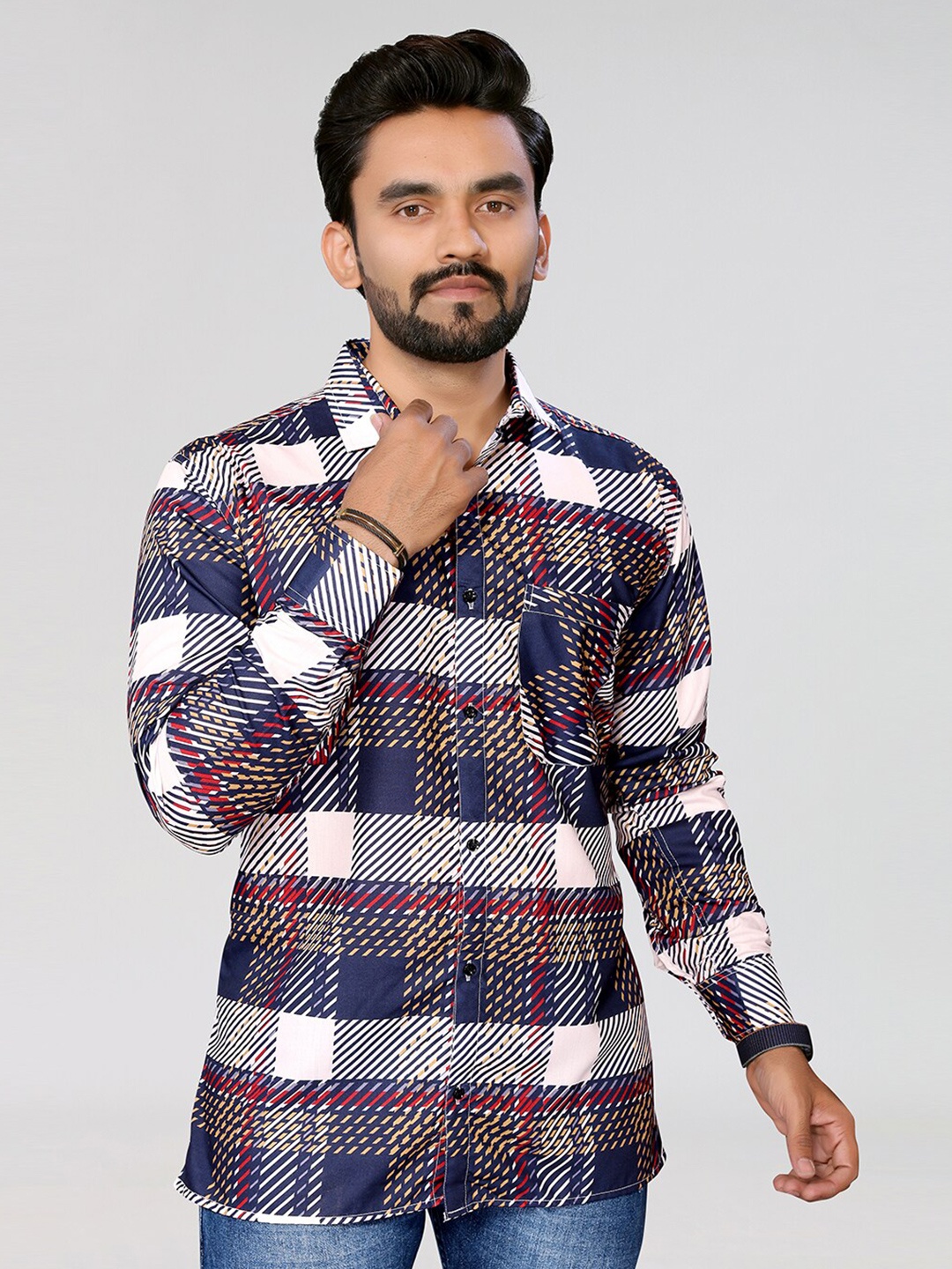 

HARPITA Relaxed Sheer Checked Spread Collar Long Sleeves Party Shirt, Navy blue