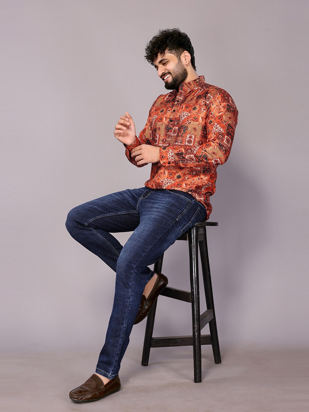 

HARPITA Mandarin Collar Relaxed Sheer Abstract Printed Cotton Casual Shirt, Orange