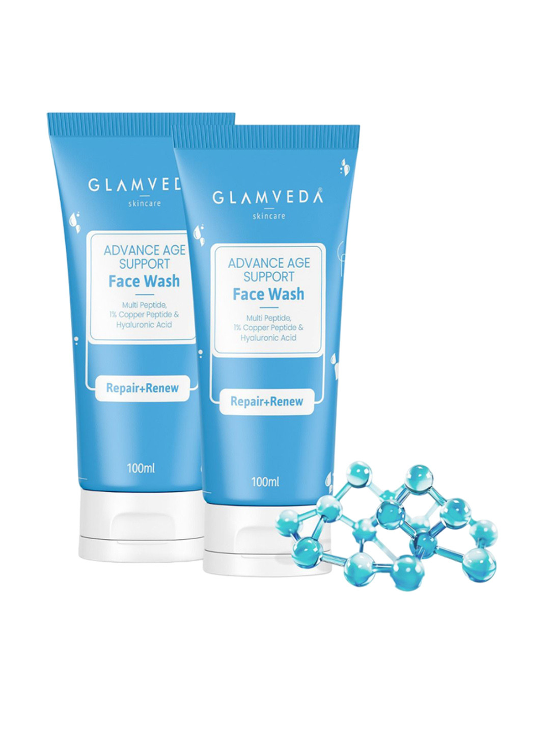 

GLAMVEDA Set of 2 Advance Age Support Face Wash with Hyaluronic Acid - 100 ml each, Blue