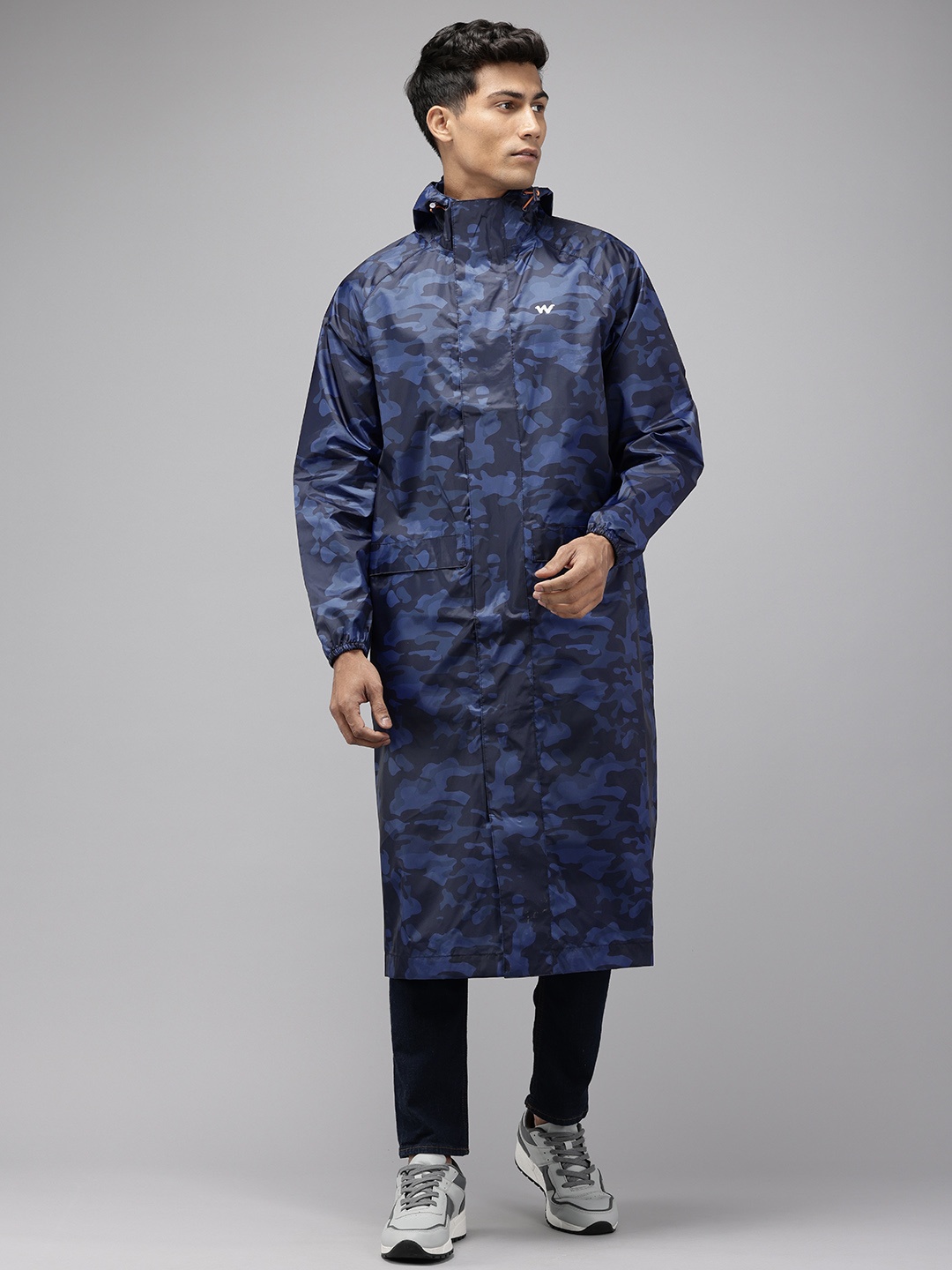 

Wildcraft CAMO2 Printed Hooded Longline Rain Jacket, Navy blue