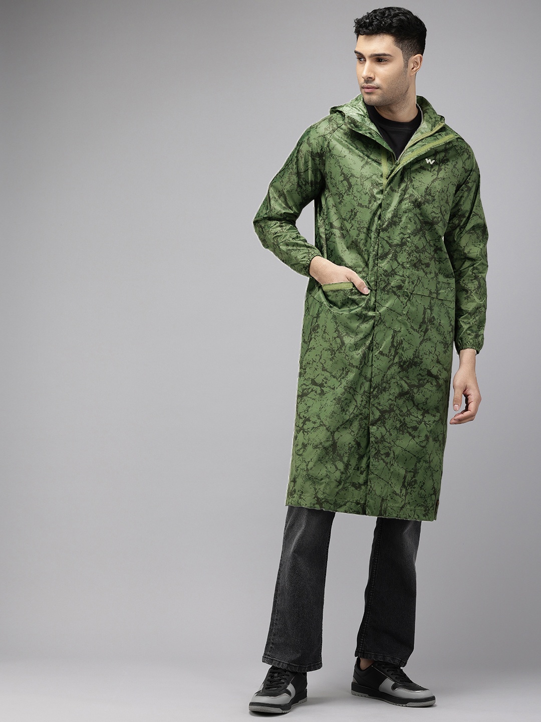 

Wildcraft CRACKS Printed Hooded Longline Rain Jacket, Green