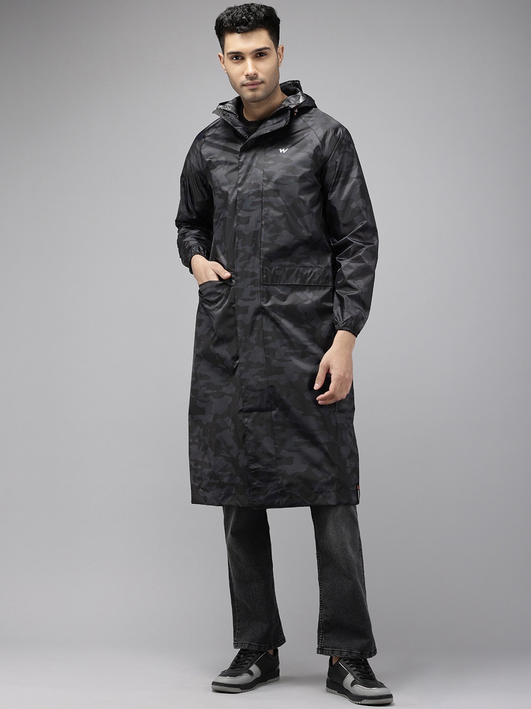 

Wildcraft CAMO2 Printed Hooded Longline Rain Jacket, Black