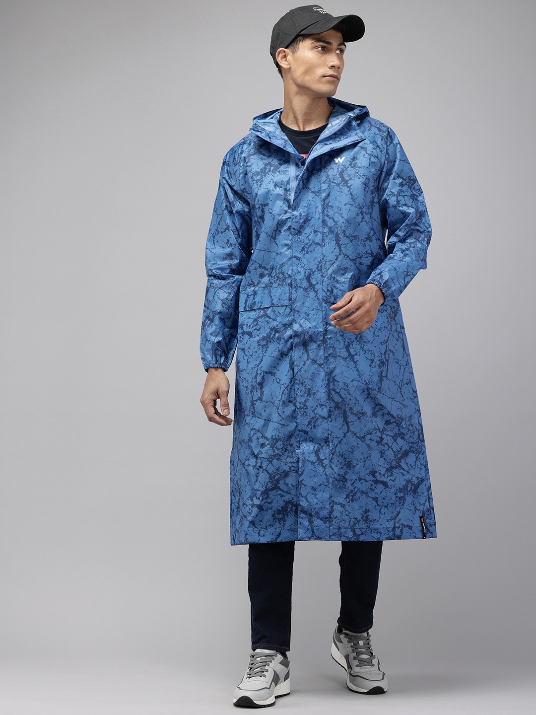 

Wildcraft CRACKS Printed Hooded Longline Rain Jacket, Blue