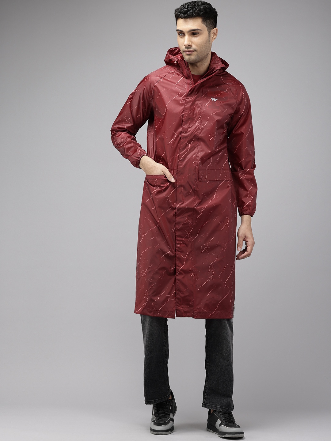 

Wildcraft THUNDER Printed Hooded Longline Rain Jacket, Red