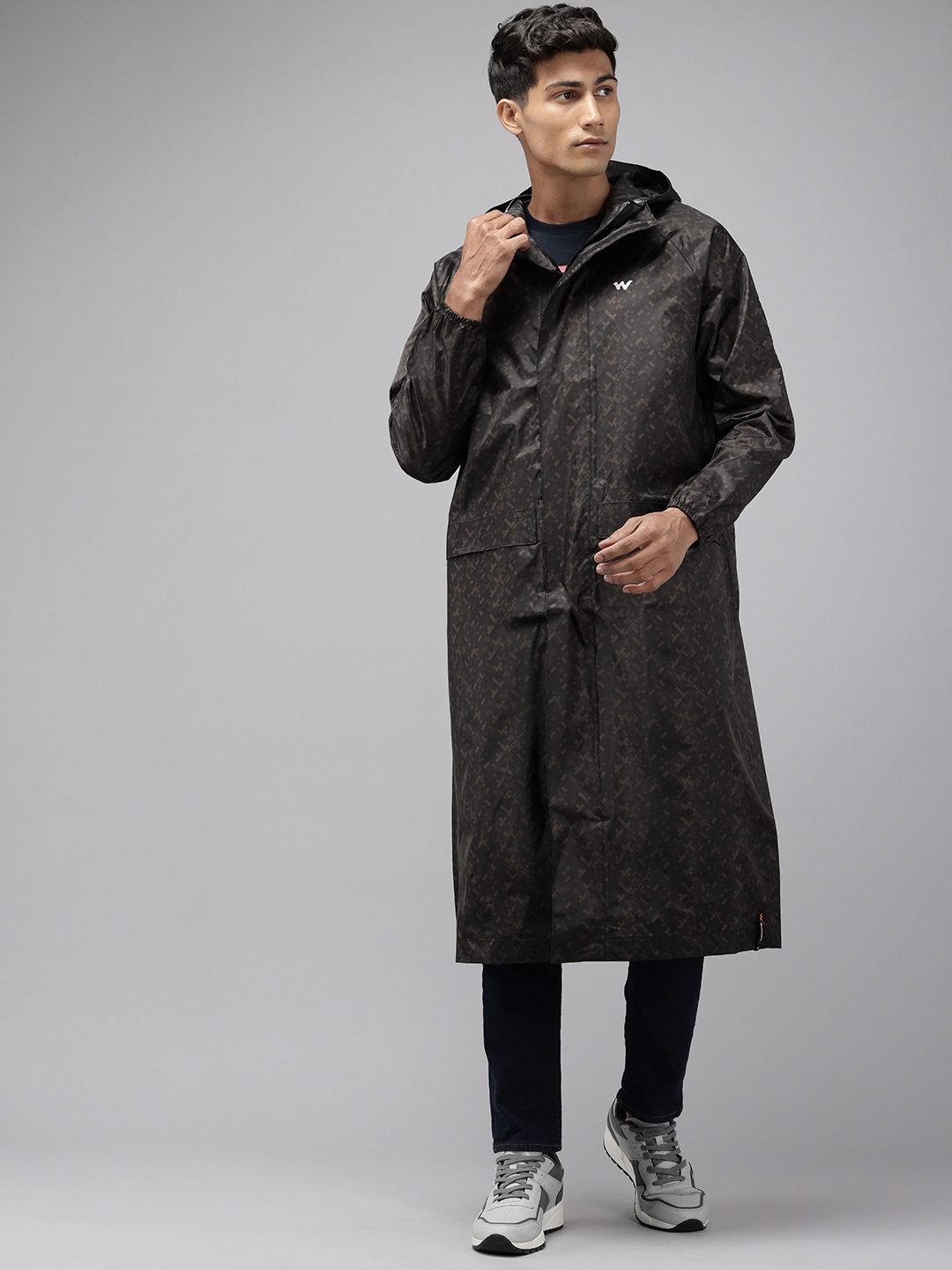 

Wildcraft DOTED CAMO Printed Hooded Longline Rain Jacket, Black