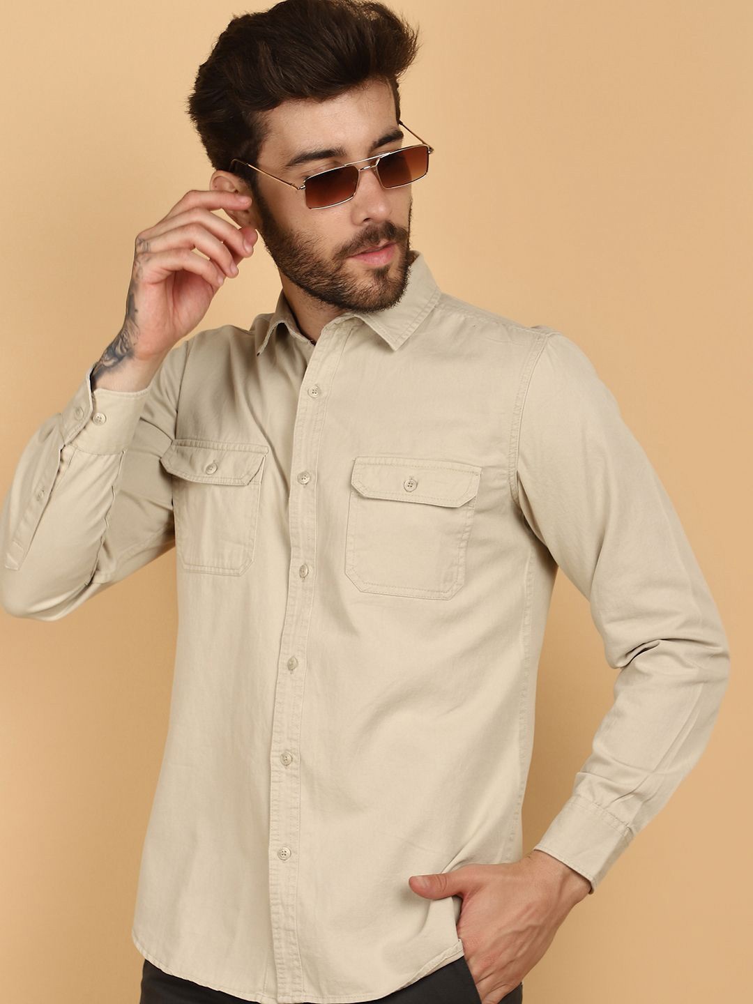 

V-Mart Slim Fit Long Sleeves Spread Collar Cotton Opaque Casual Shirt, Beige