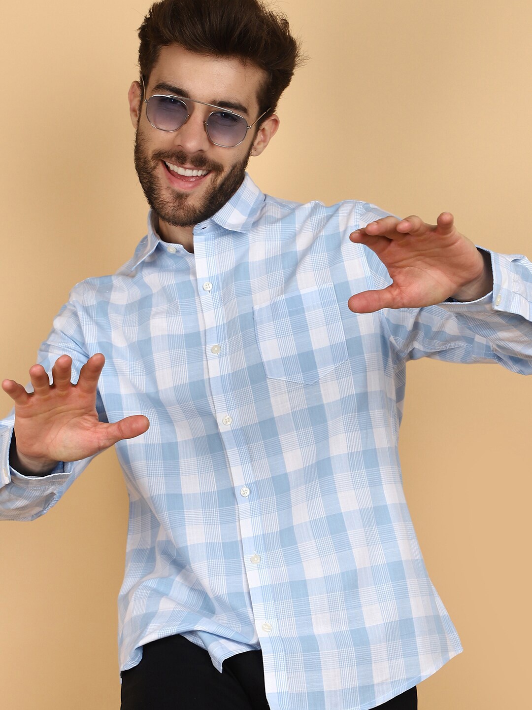

V-Mart Long Sleeves Spread Collar Cotton Opaque Checked Casual Shirt, Blue
