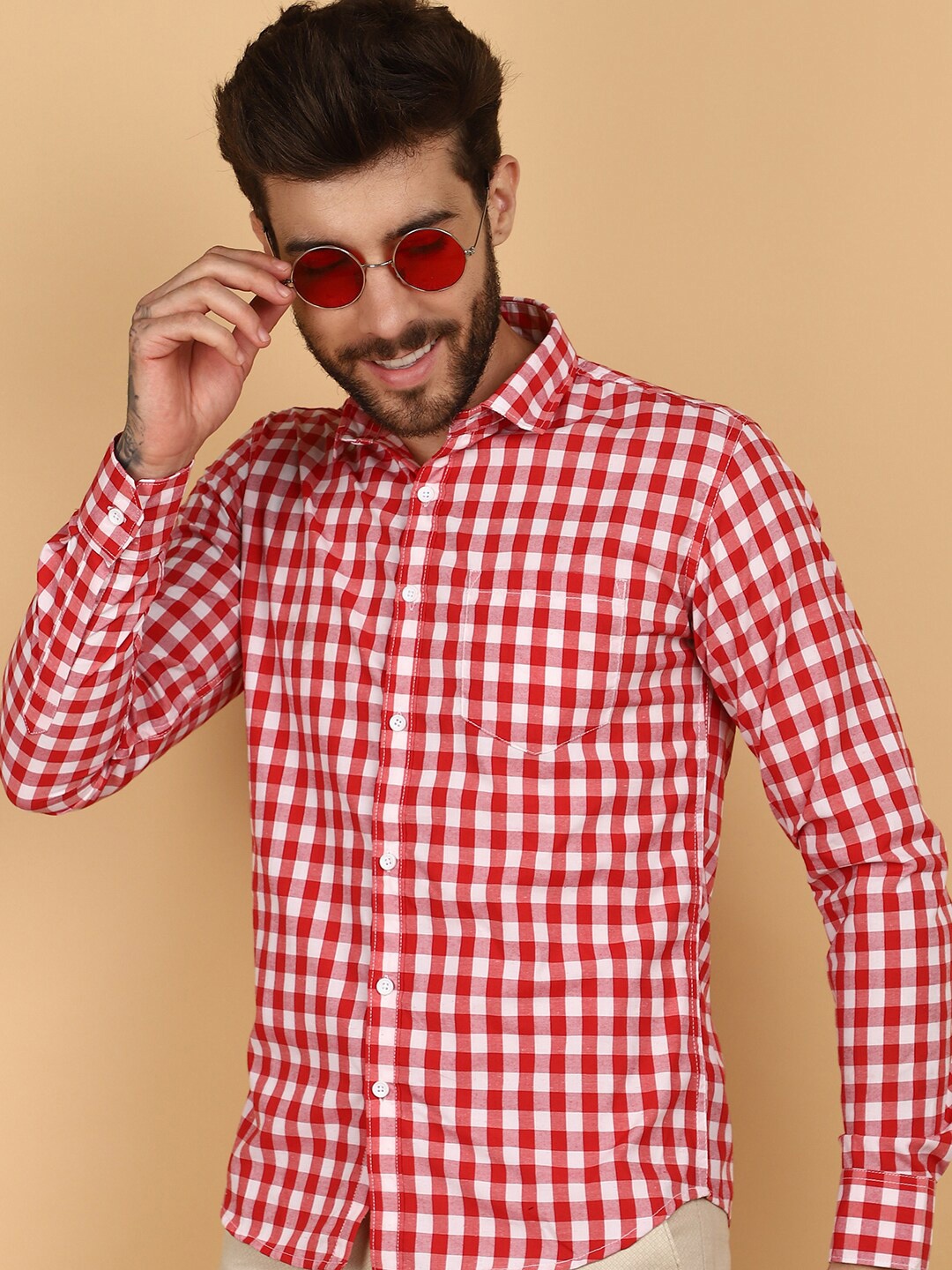 

V-Mart Men Slim Fit Gingham Checks Opaque Checked Casual Shirt, Red