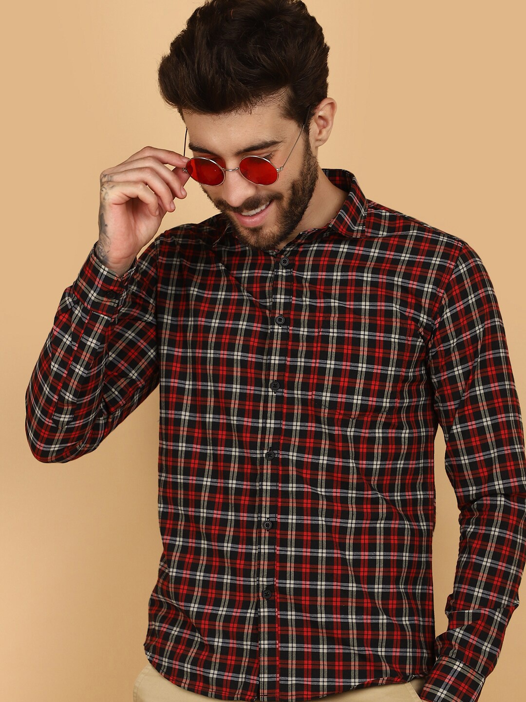 

V-Mart Slim Fit Tartan Checked Spread Collar Long Sleeves Cotton Casual Shirt, Maroon