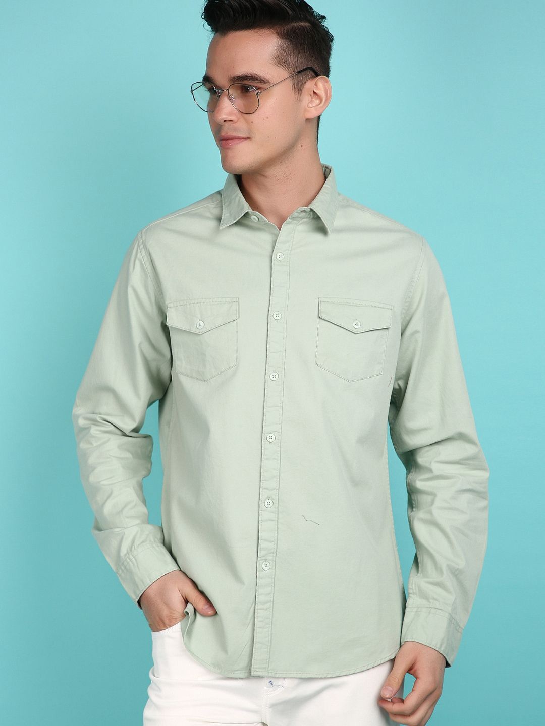 

V-Mart Slim Fit Spread Collar Casual Shirt, Green