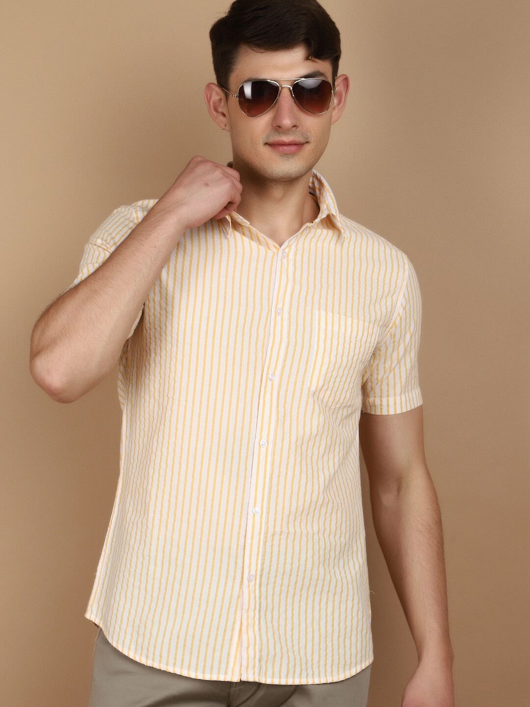 

V-Mart Slim Fit Striped Spread Collar Casual Shirt, Yellow