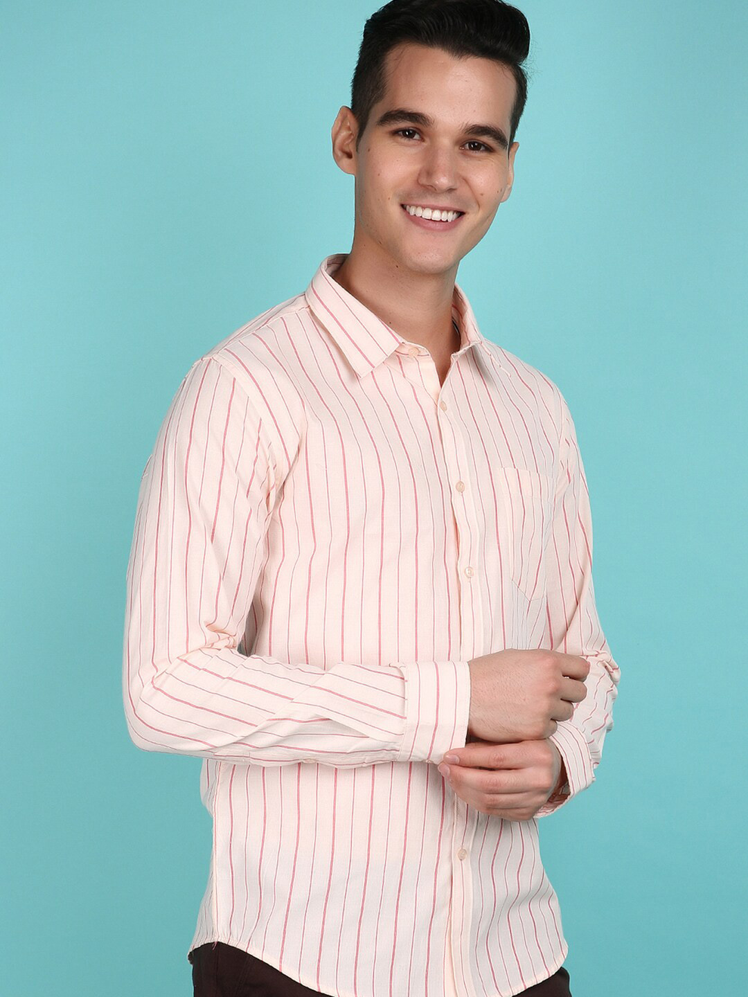

V-Mart Slim Fit Striped Cotton Spread Collar Long Sleeves Casual Shirt, Red