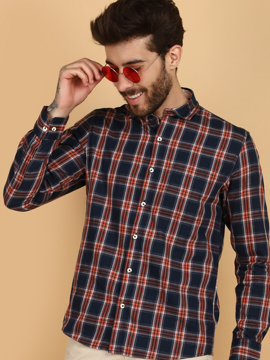 

V-Mart Tartan Checked Spread Collar Casual Shirt, Brown