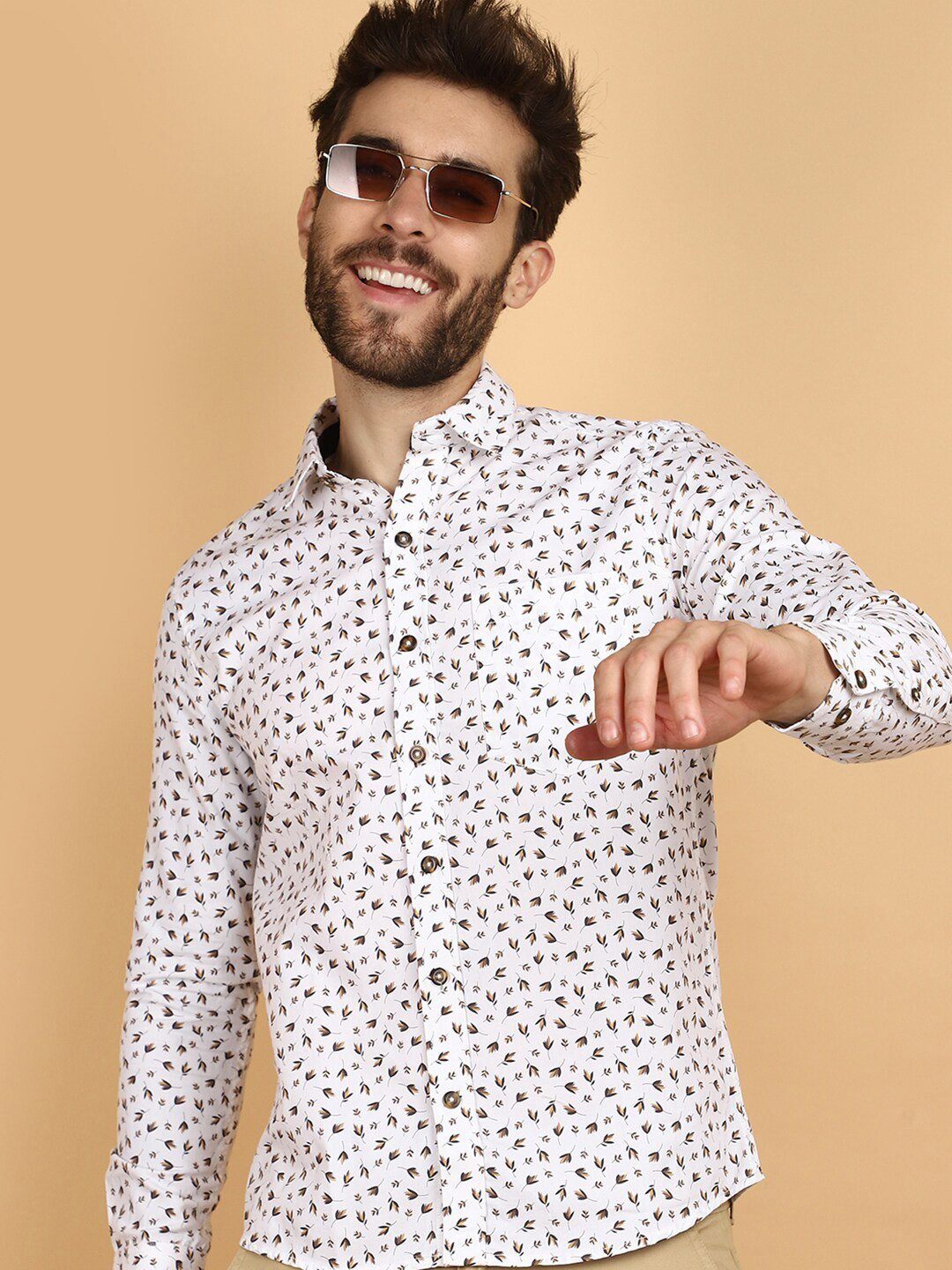 

V-Mart Floral Long Sleeves Spread Collar Cotton Opaque Printed Casual Shirt, White