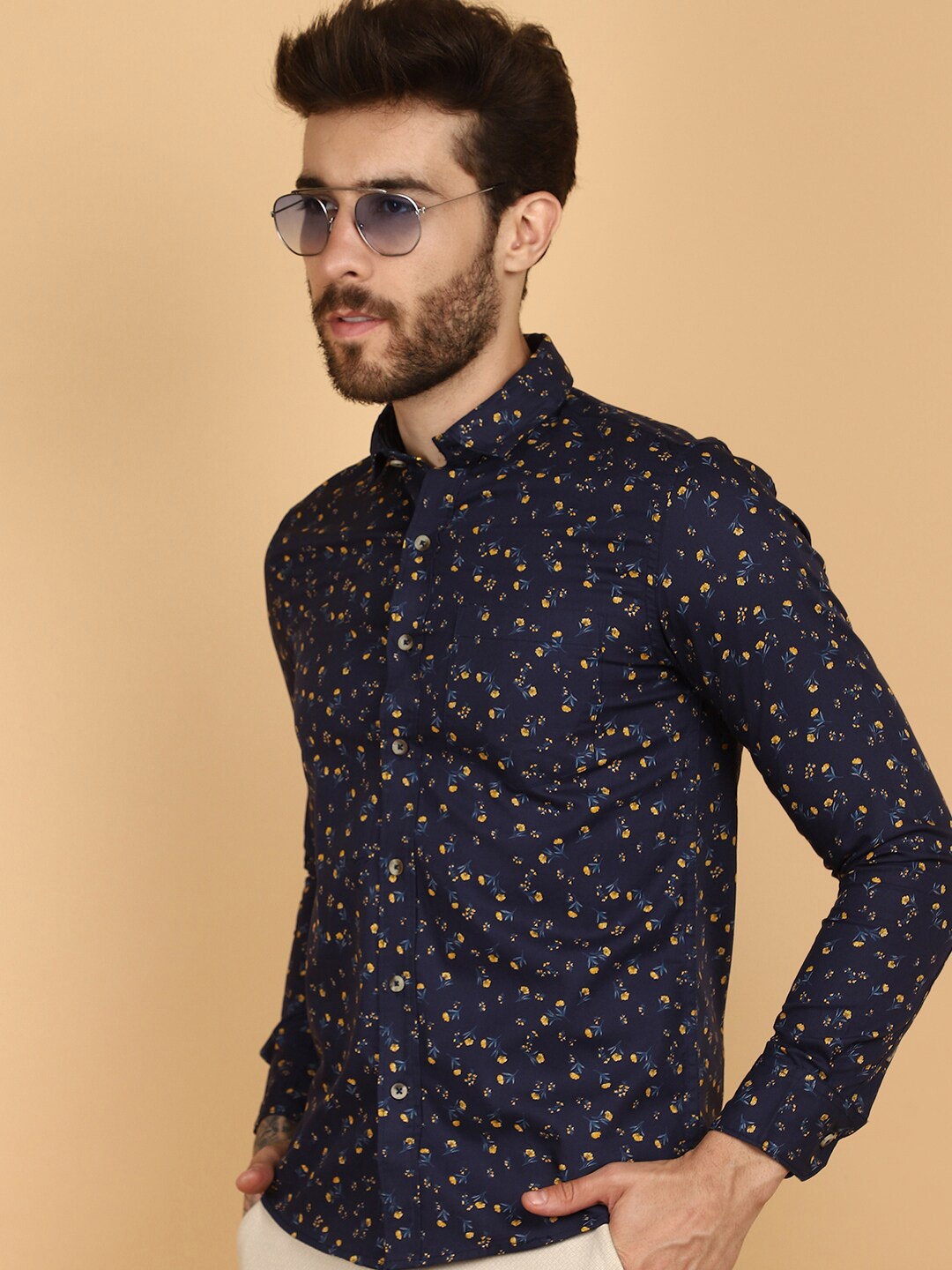 

V-Mart Floral Printed Spread Collar Cotton Casual Shirt, Blue