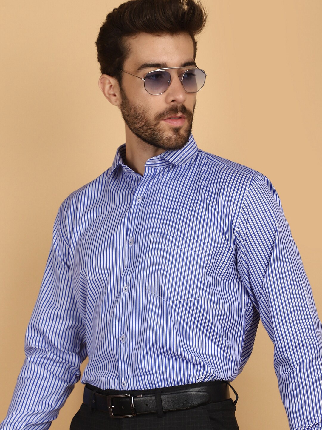 

V-Mart Striped Spread Collar Cotton Formal Shirt, Blue