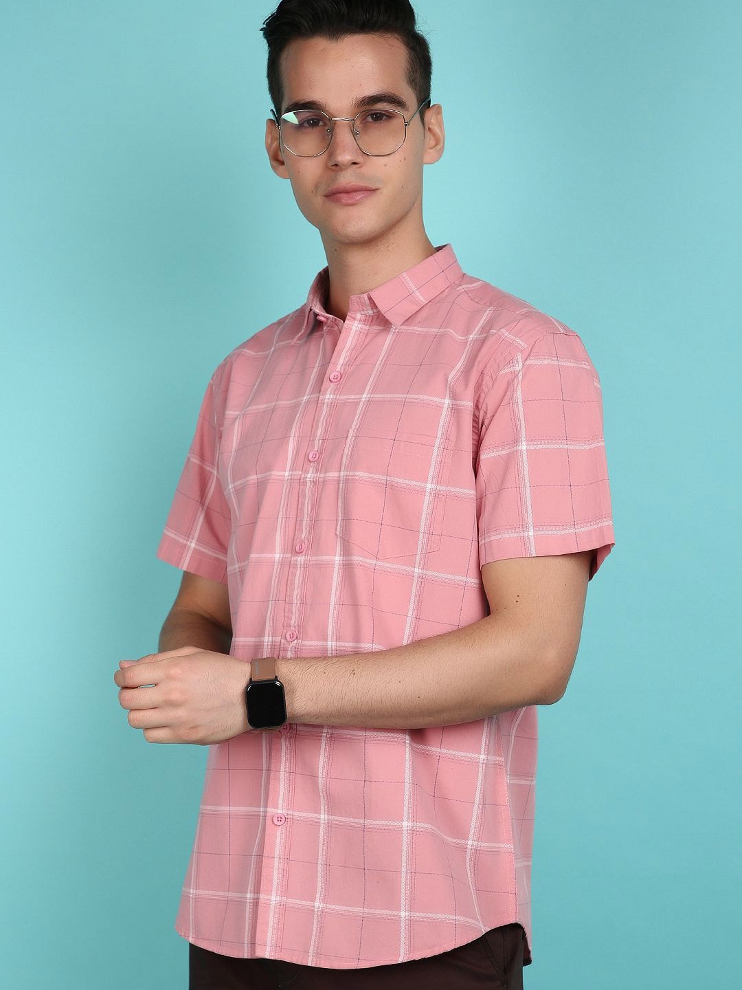 

V-Mart Windowpane Checked Spread Collar Cotton Casual Shirt, Pink