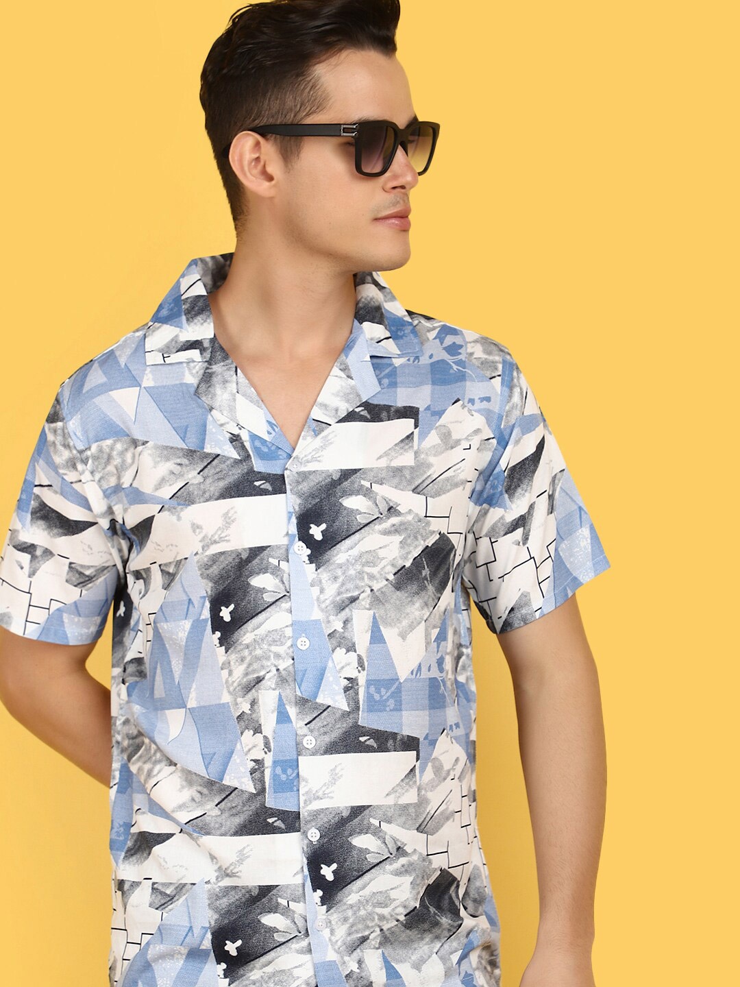 

V-Mart Geometric Printed Cuban Collar Casual Shirt, Blue