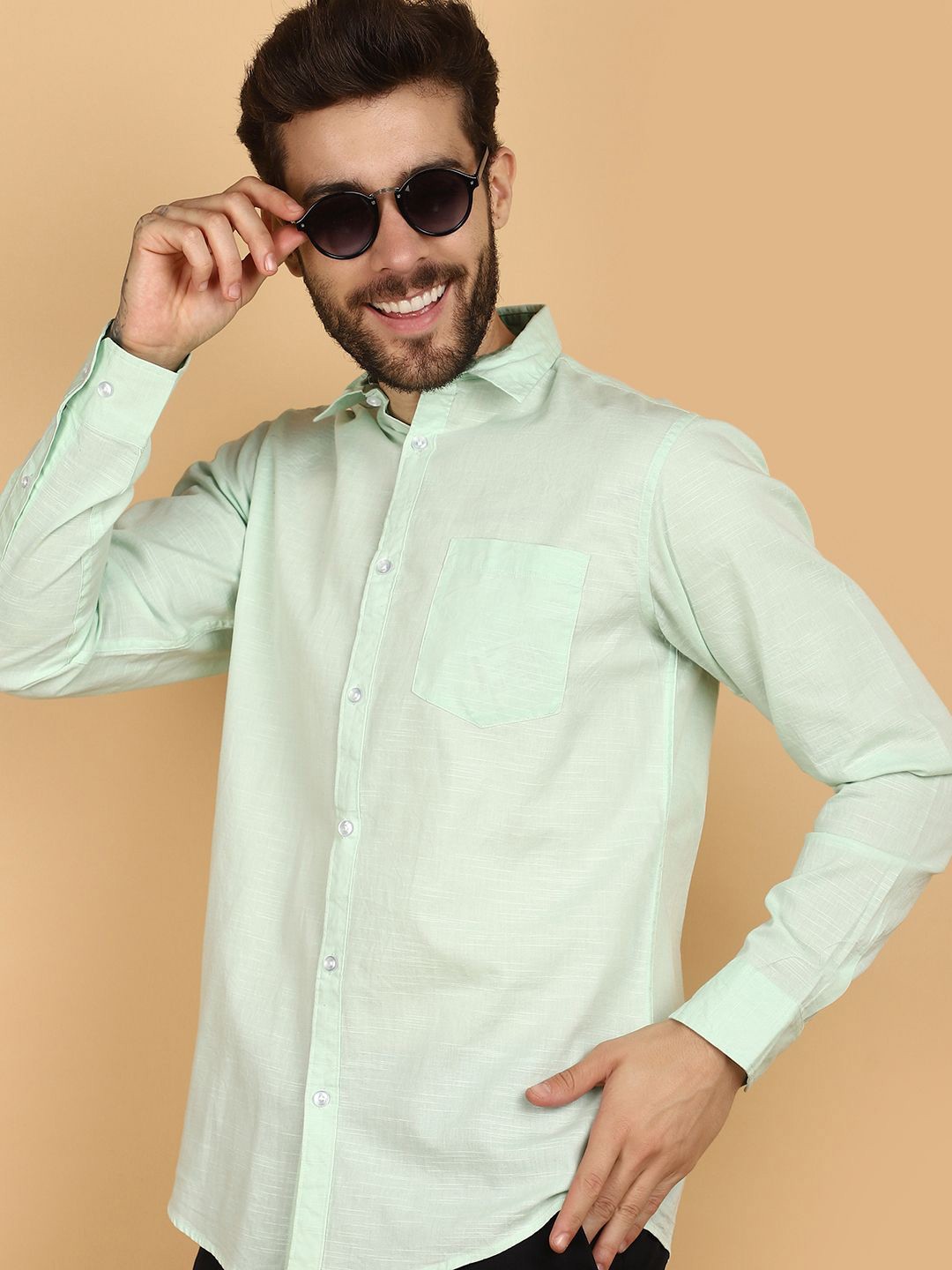 

V-Mart Long Sleeves Spread Collar Cotton Opaque Casual Shirt, Green