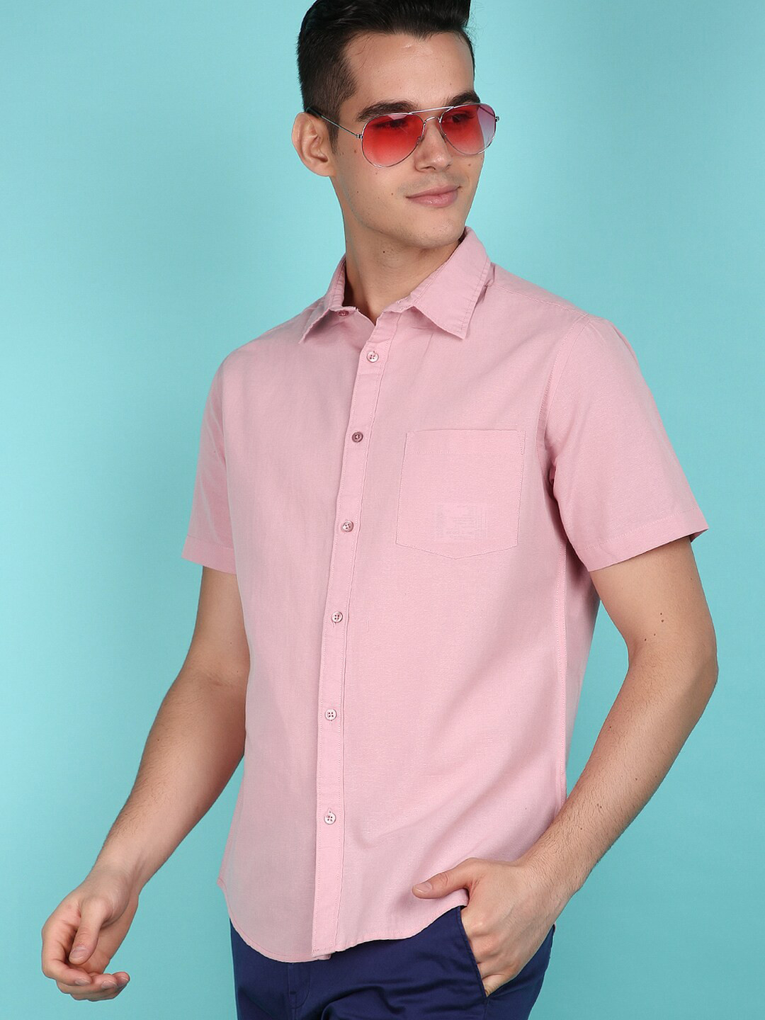 

V-Mart Slim Fit Short Sleeves Spread Collar Cotton Opaque Casual Shirt, Pink