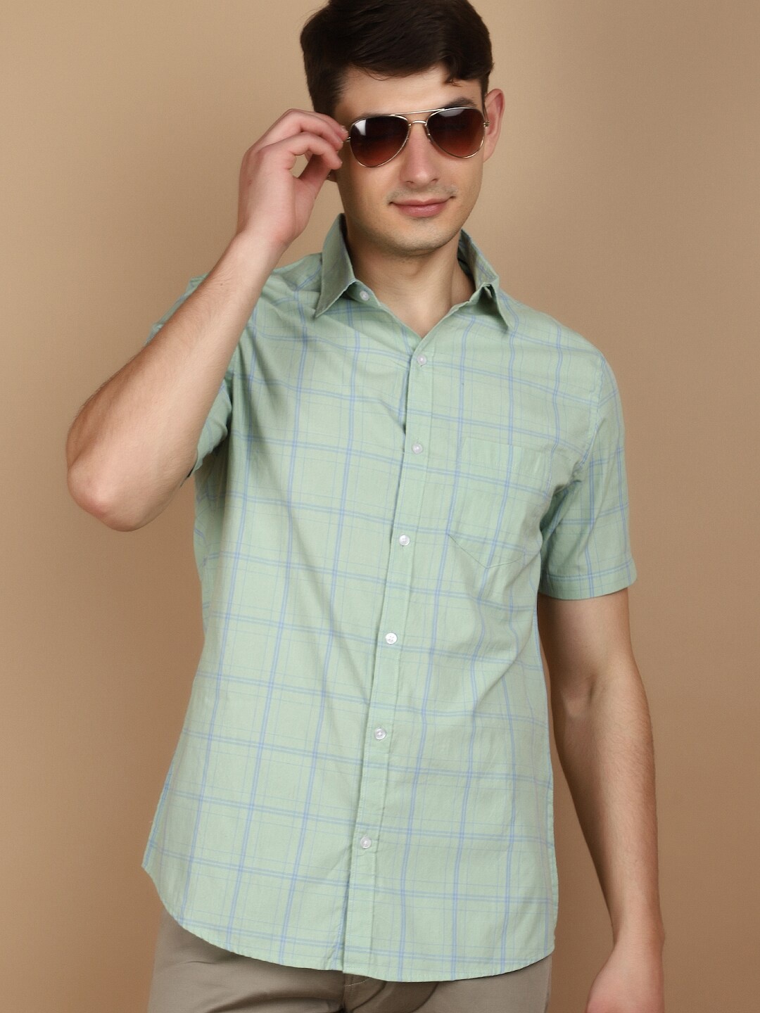 

V-Mart Slim Fit Windowpane Checked Spread Collar Casual Shirt, Green