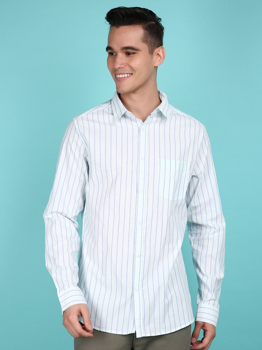 

V-Mart Slim Fit Striped Spread Collar Casual Shirt, Green