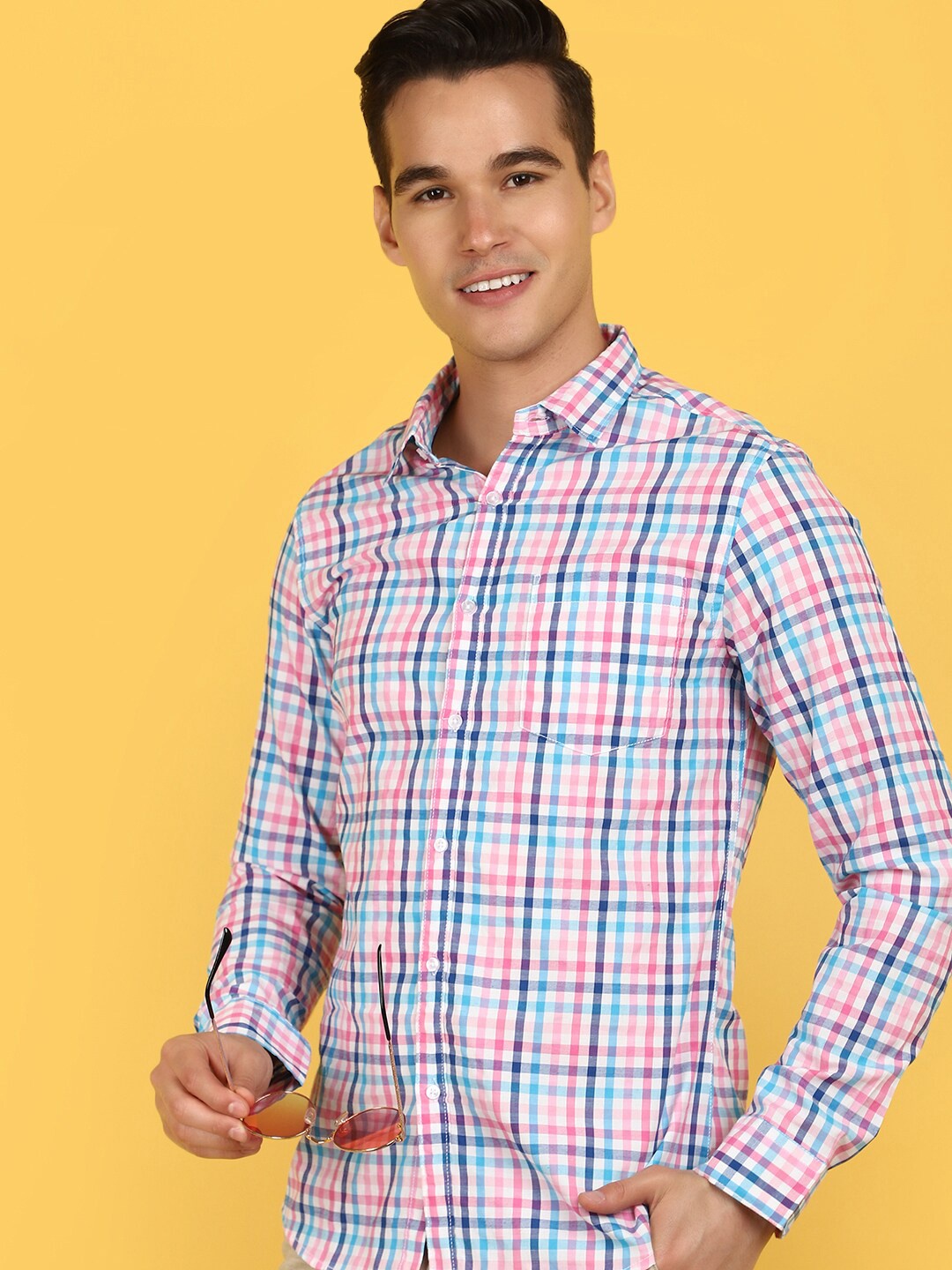 

V-Mart Slim Fit Checked Spread Collar Casual Shirt, Pink