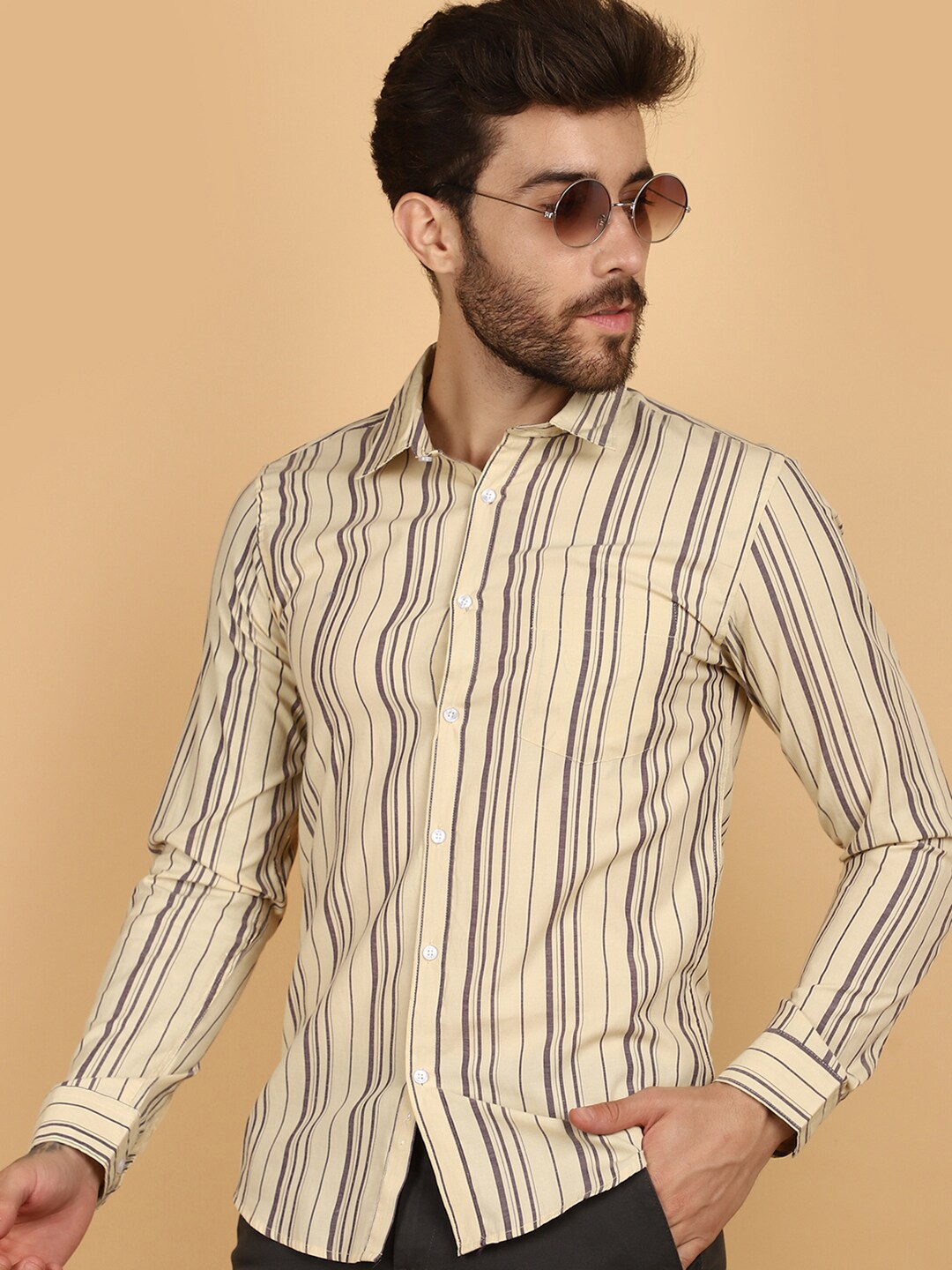 

V-Mart Slim Fit Long Sleeves Spread Collar Cotton Opaque Striped Casual Shirt, Purple