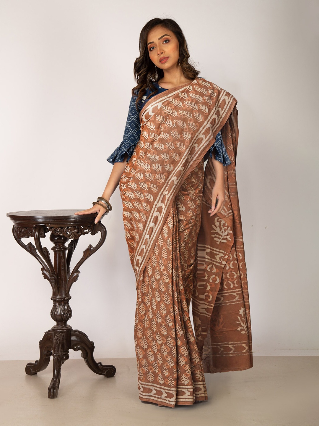 

Unnati Silks Dabu Printed Pure Cotton Handloom Chanderi Saree, Brown