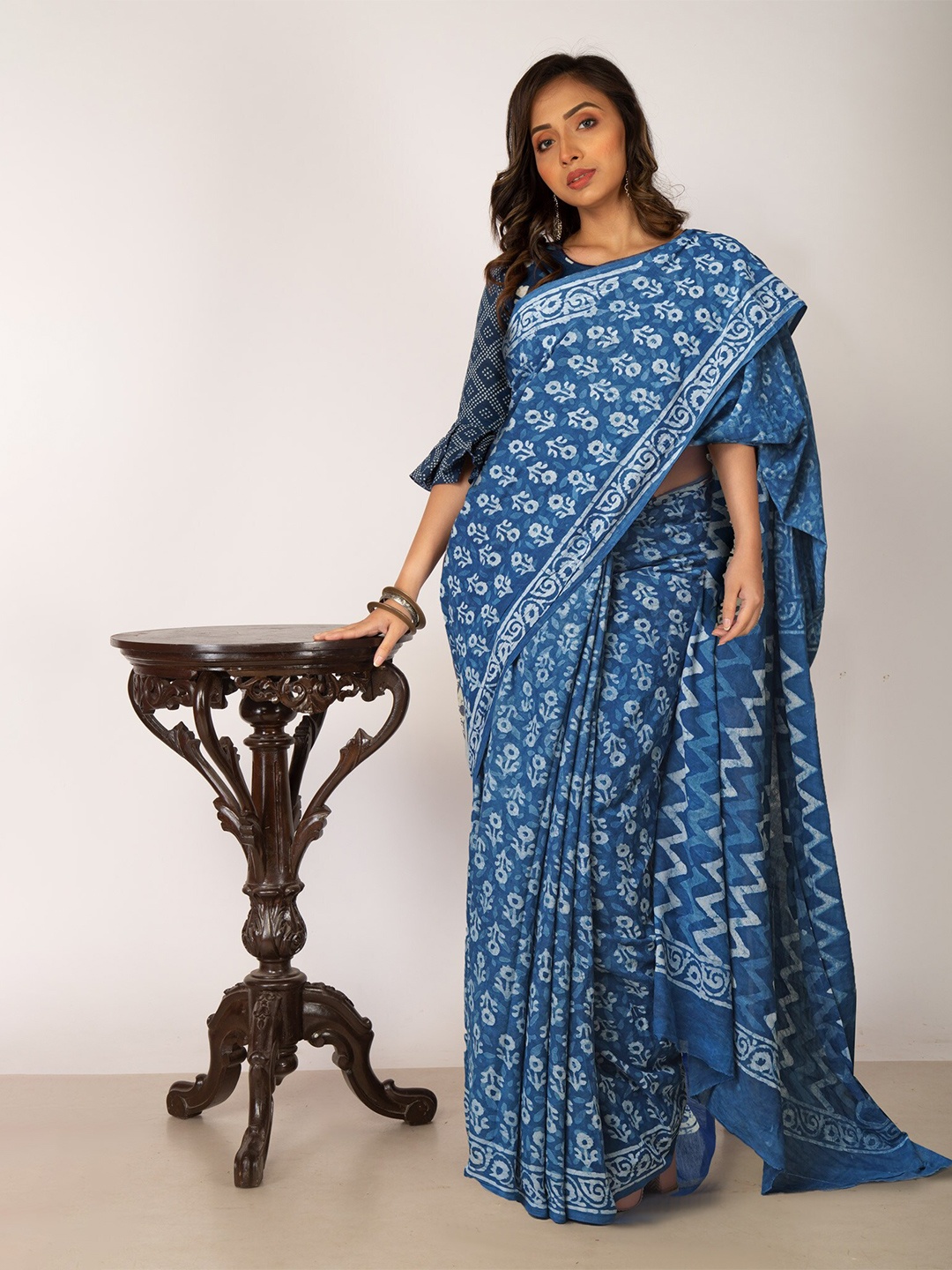 

Unnati Silks Dabu Printed Pure Cotton Handloom Chanderi Saree, Blue