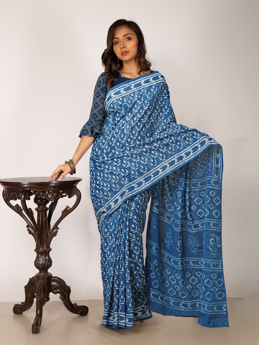 

Unnati Silks Dabu Printed Pure Cotton Chanderi Saree, Blue