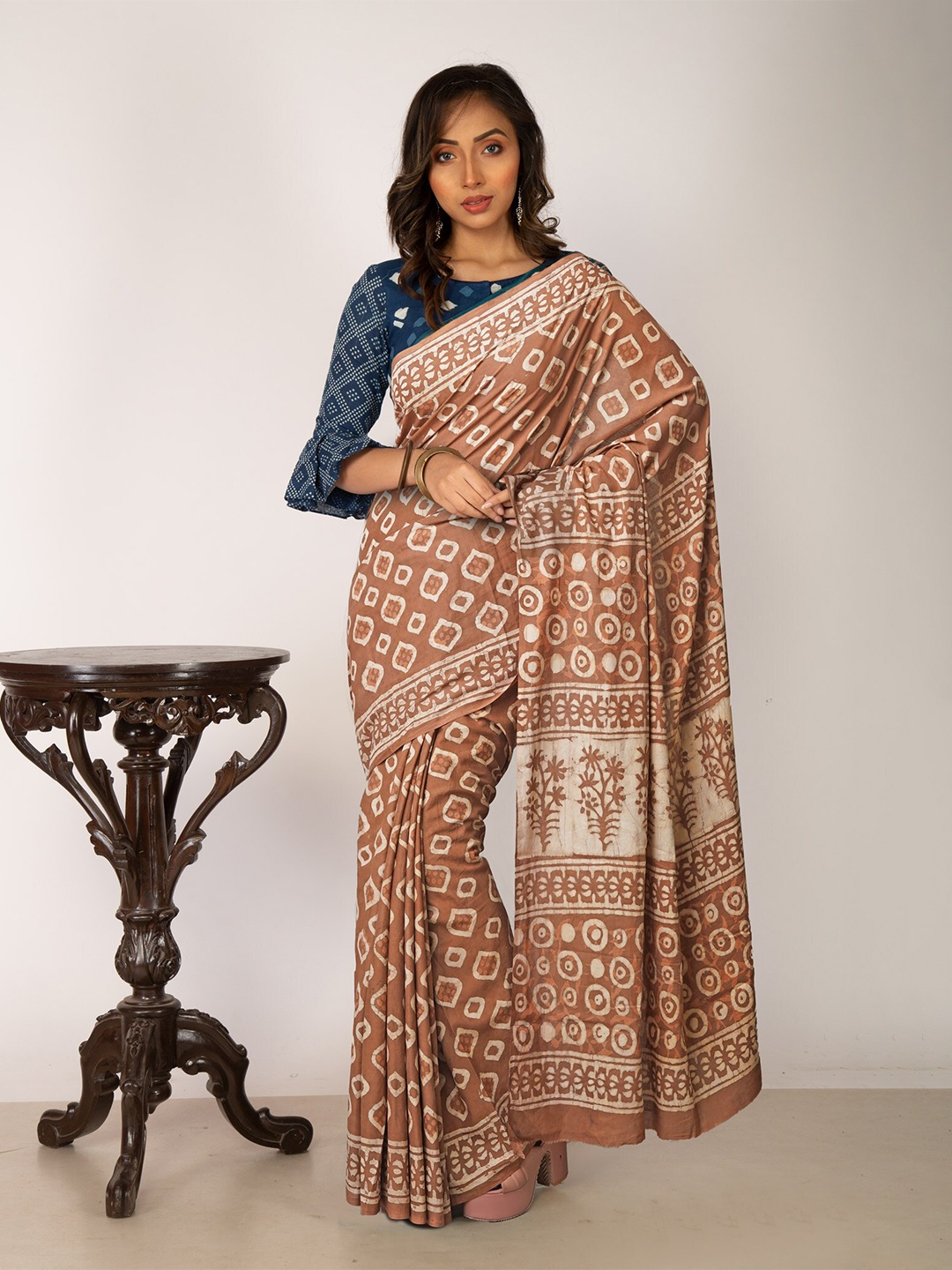 

Unnati Silks Dabu Printed Pure Cotton Handloom Chanderi Saree, Brown