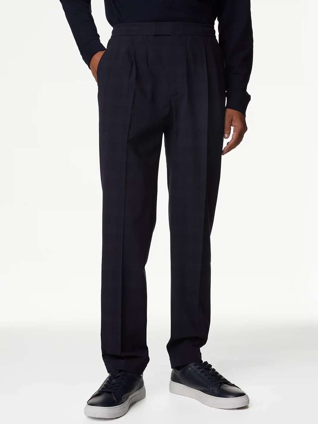 

Marks & Spencer Men Checked Mid Rise Pleated Trousers, Navy blue