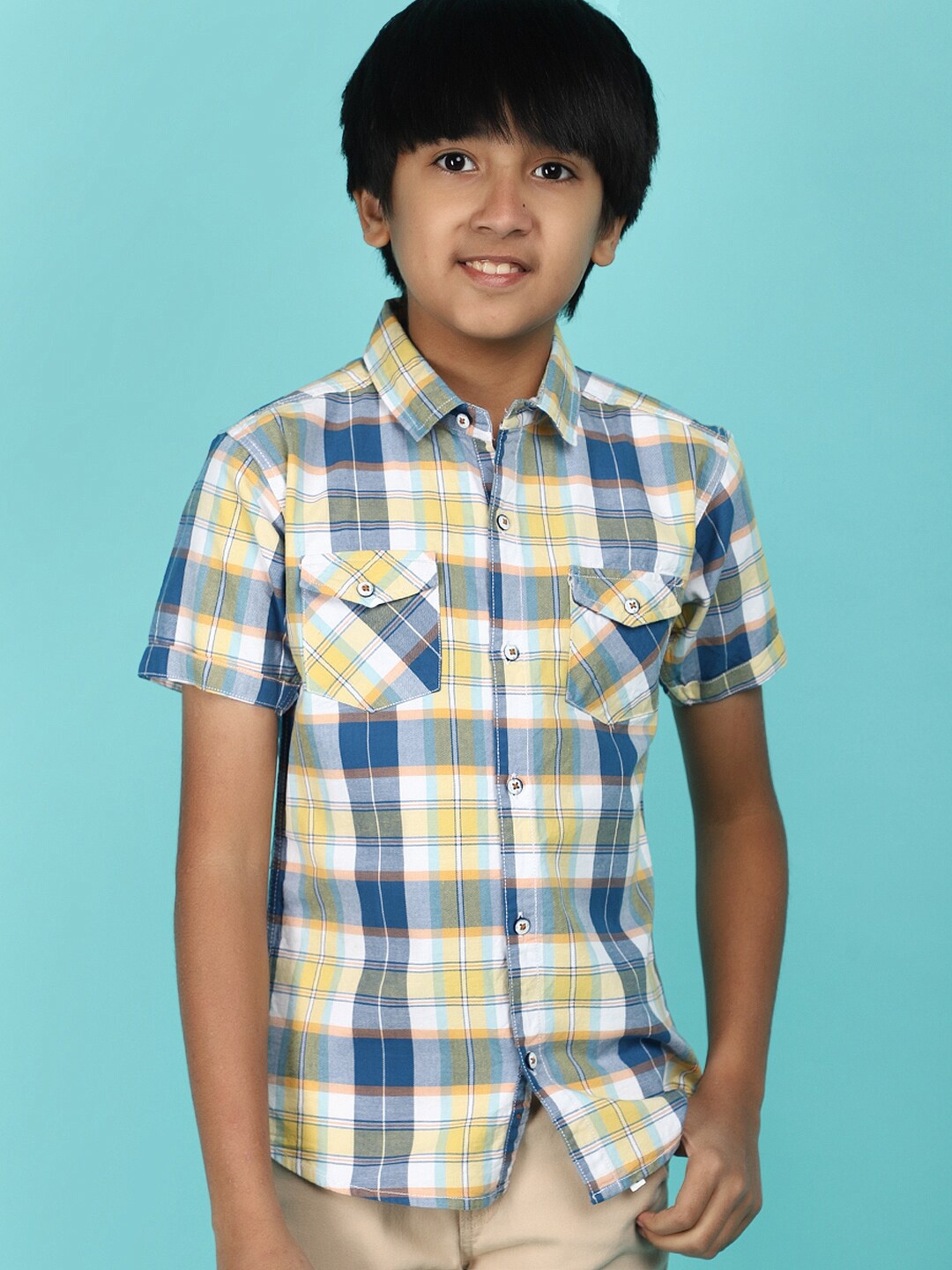 

V-Mart Boys Tartan Checked Spread Collar Casual Shirt, Yellow