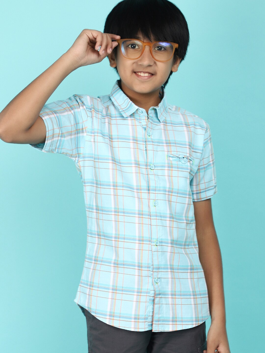 

V-Mart Boys Tartan Checked Spread Collar Cotton Twill Weave Casual Shirt, Blue