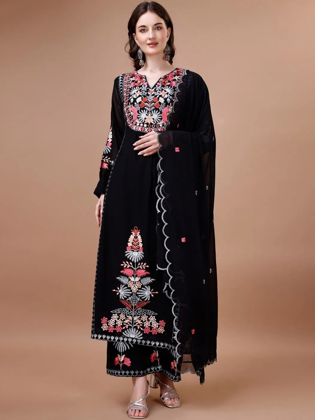 

Fashion Basket Floral Embroidered Thread Work Straight Kurta With Trousers & Dupatta, Black