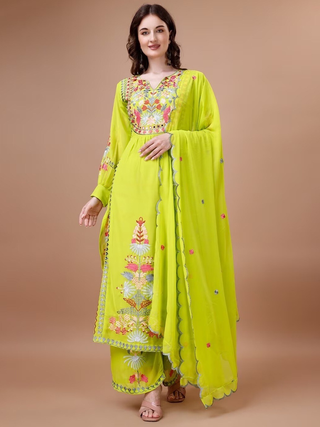 

Fashion Basket Floral Embroidered Thread Work Straight Kurta With Trousers & Dupatta, Green
