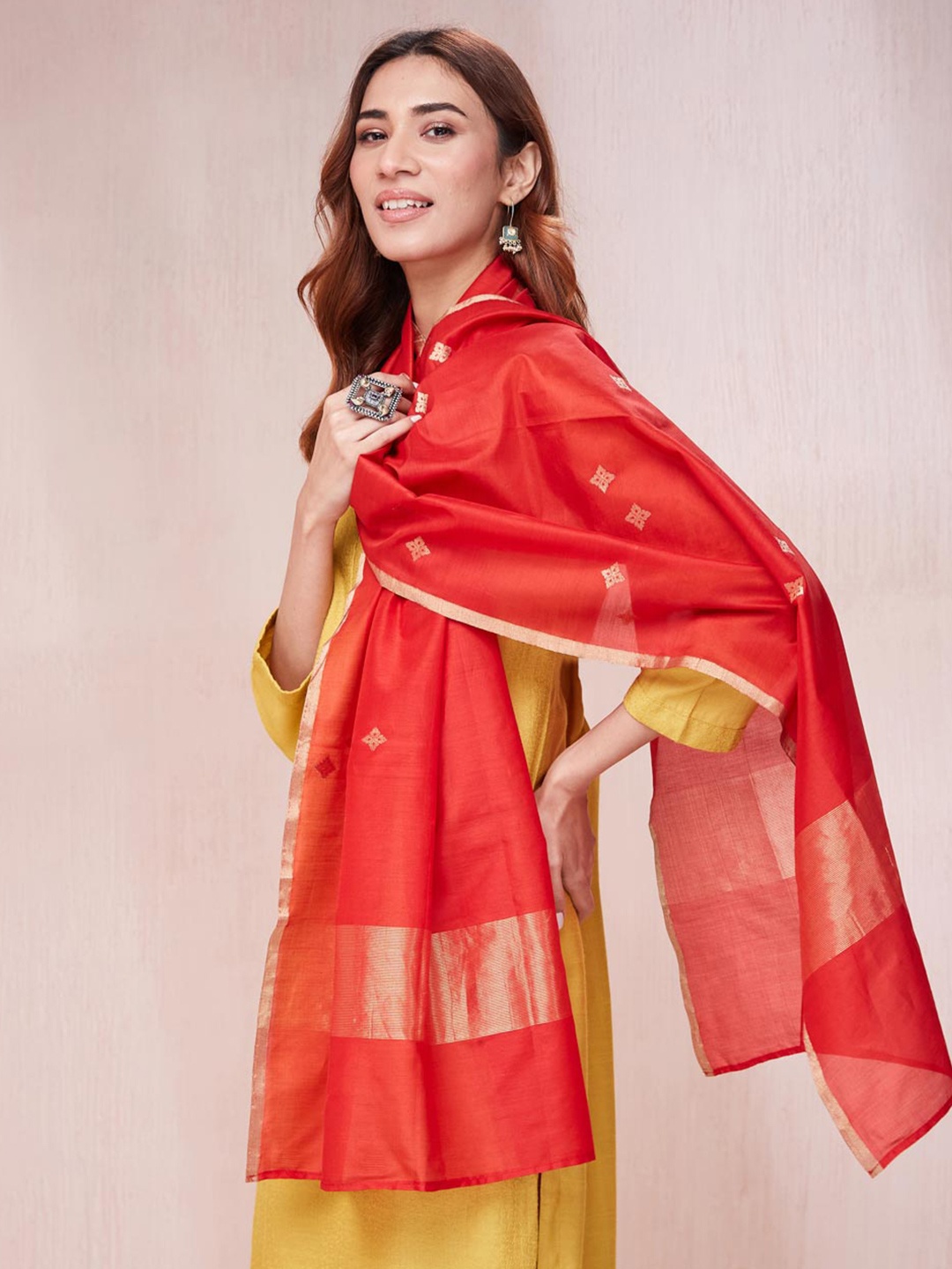 

Fabindia Woven Design Cotton Silk Banarsi Stole, Red