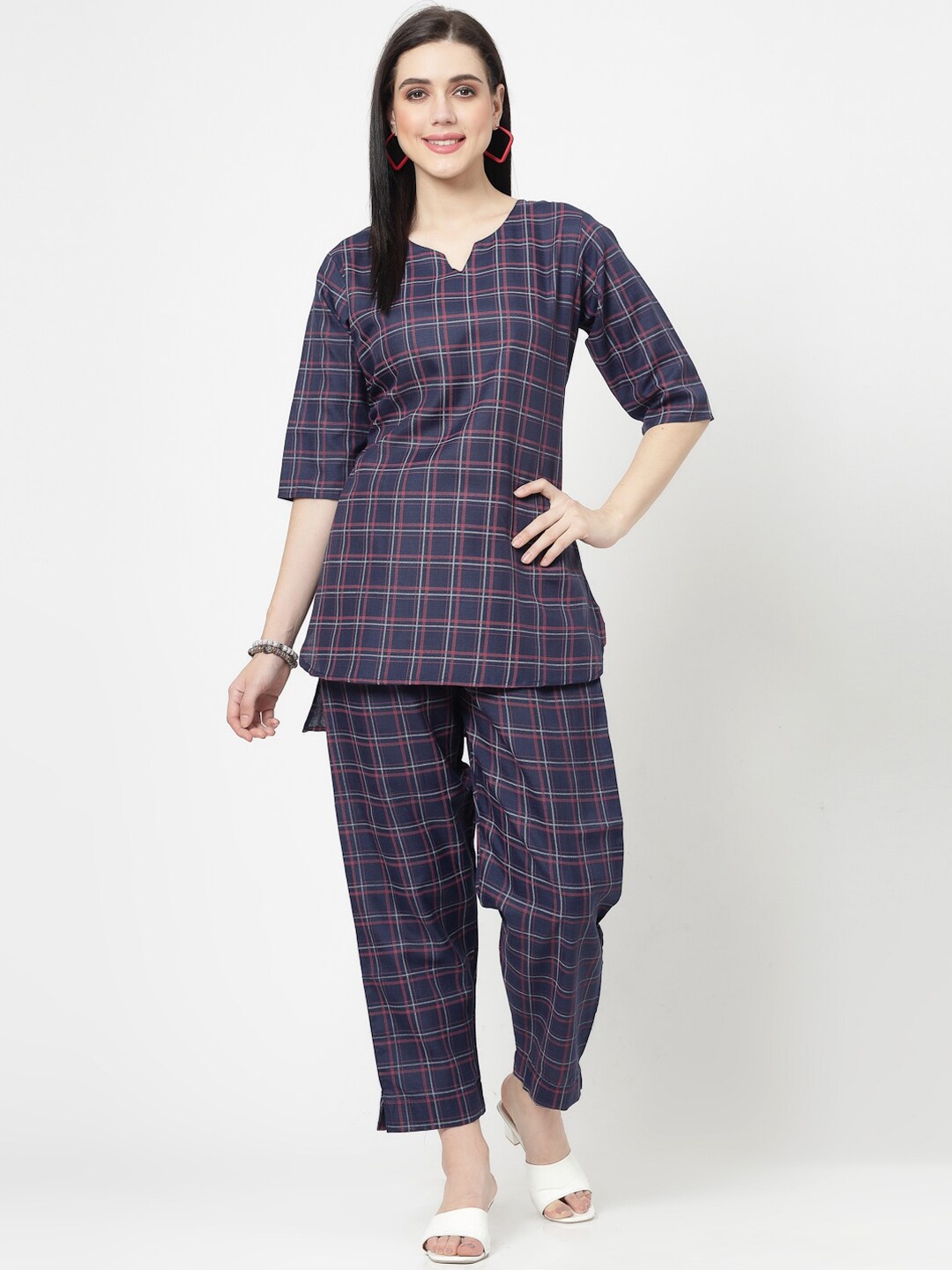 ISHQY Checked Printed Notched Neck Three-Quarter Sleeves Co-Ords Set, Blue