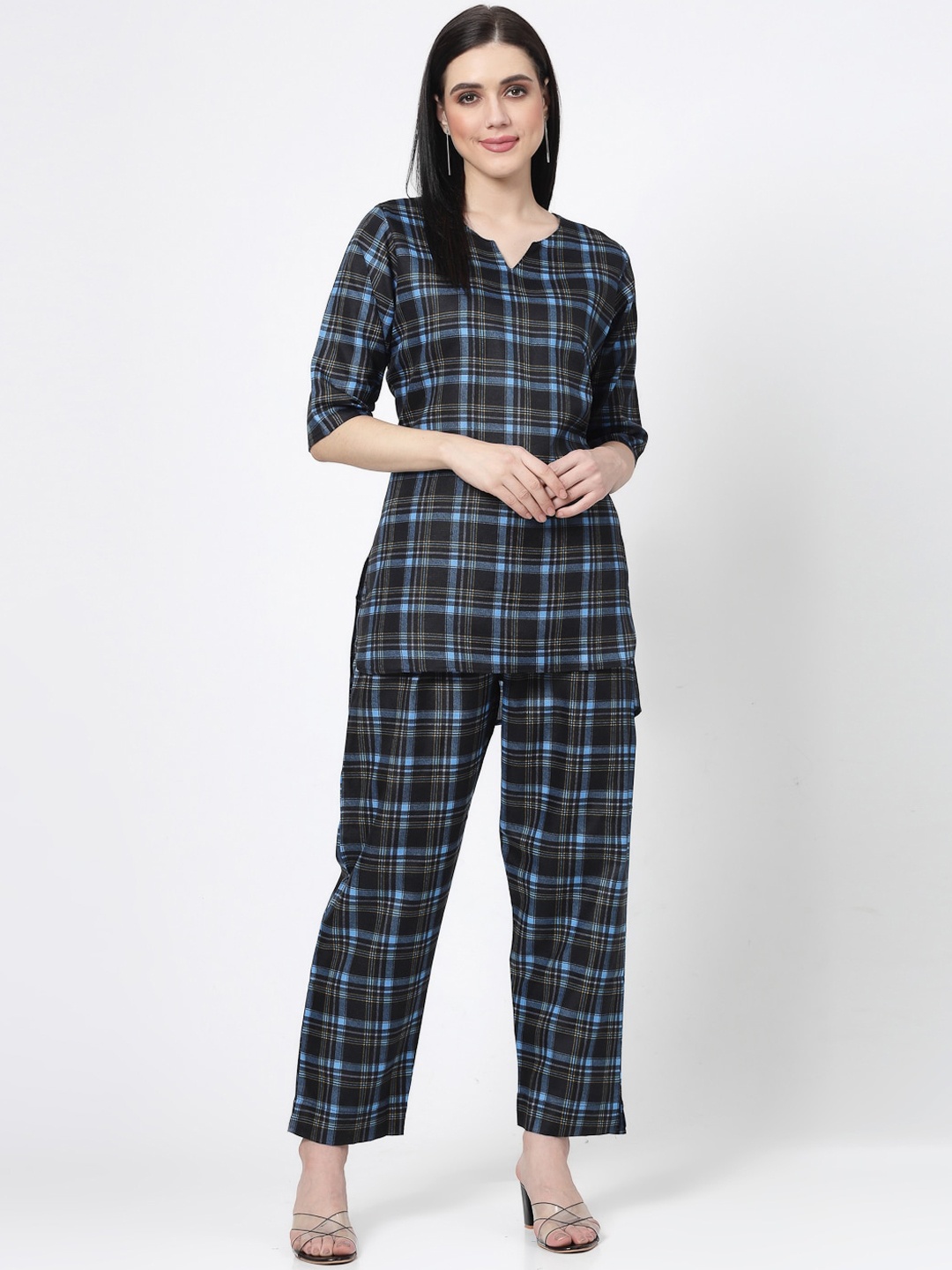 ISHQY Checked Printed Round Neck Three-Quarter Sleeves Co-Ords Set, Black