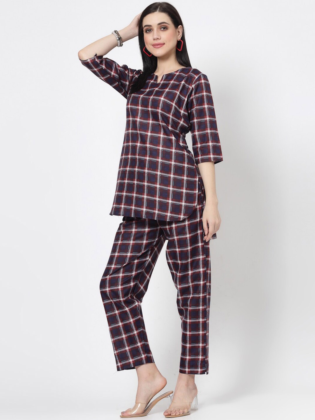 ISHQY Checked Print Notch Neck Co-Ords Set, Red