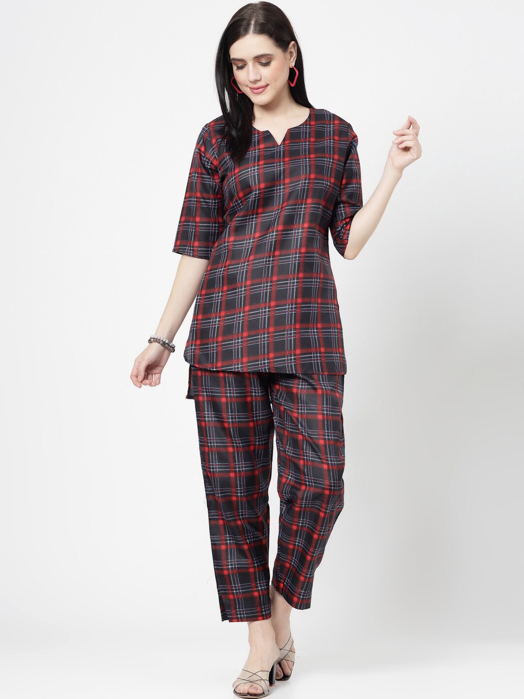 

ISHQY Checked Print Notch Neck Co-Ords Set, Red