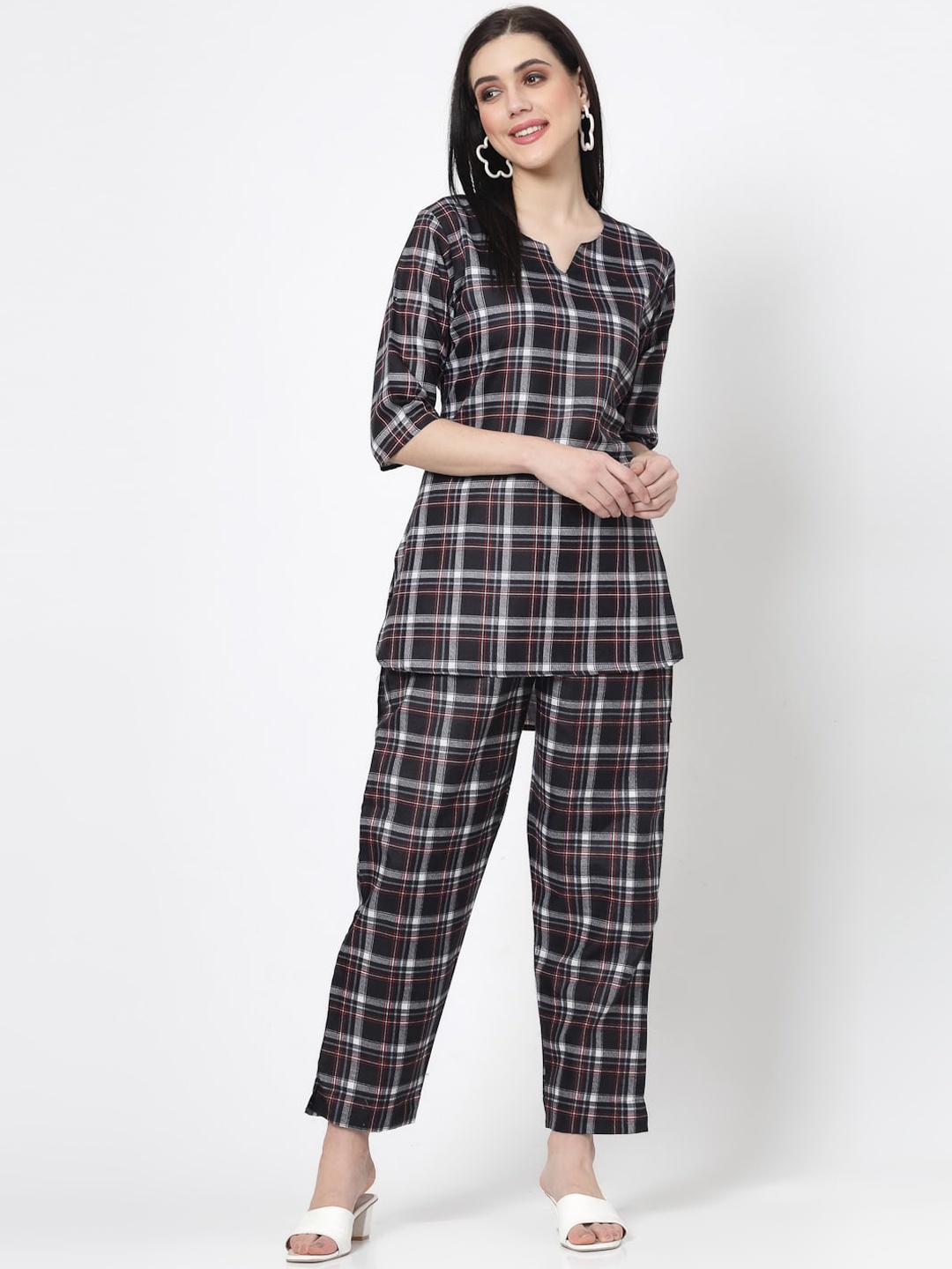 

ISHQY Checked Printed Notch Neck Co-Ords Set, Black