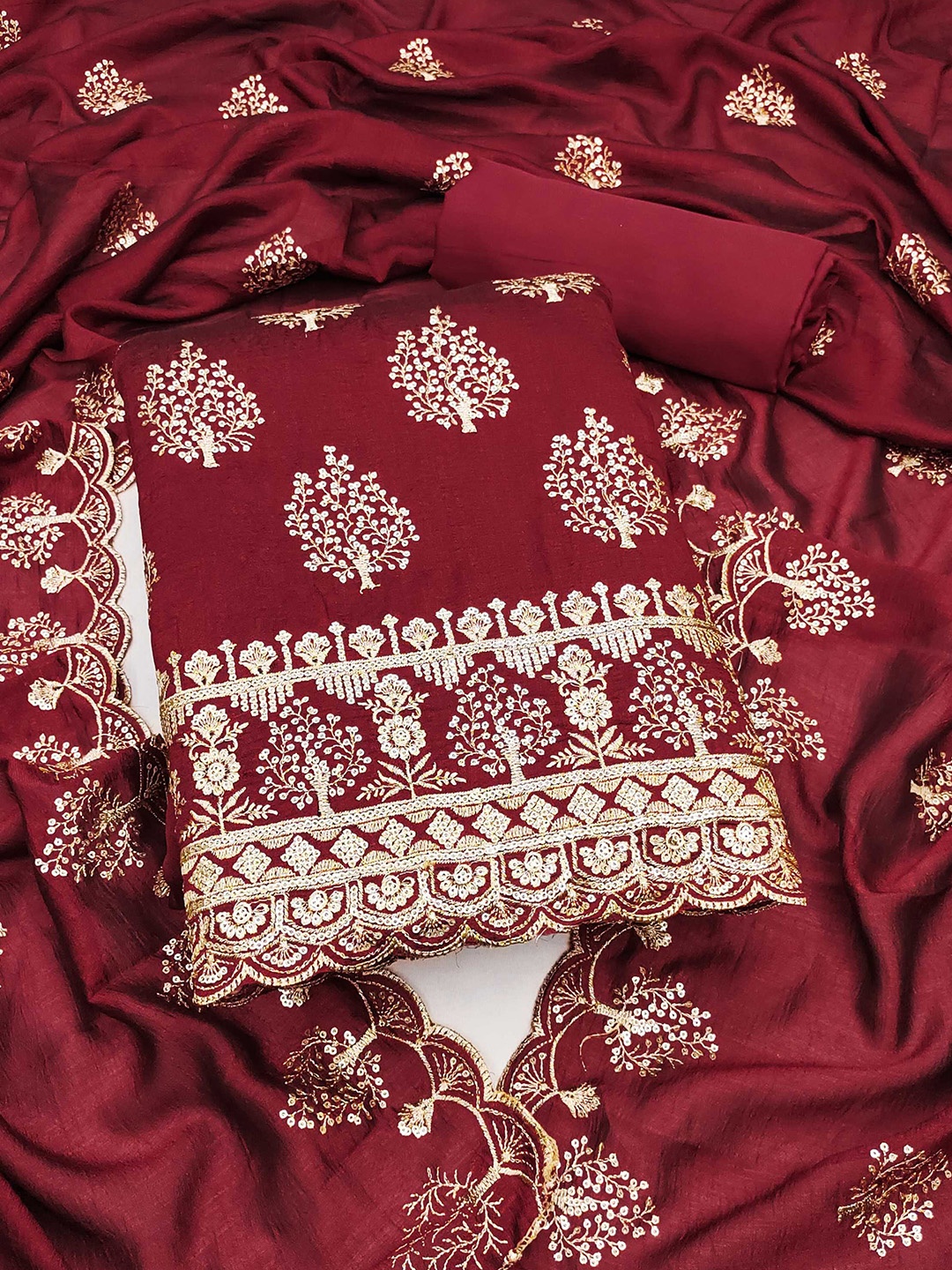 

KALINI Embroidered Unstitched Dress Material, Maroon