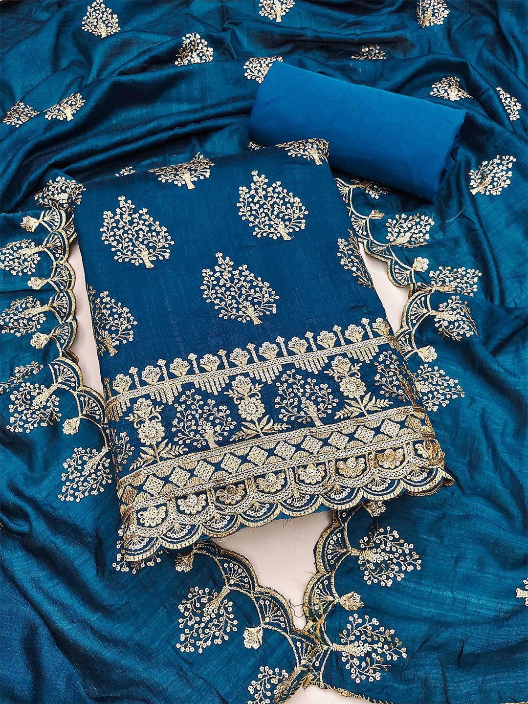 

KALINI Ethnic Motifs Embroidered Sequinned Unstitched Dress Material, Blue