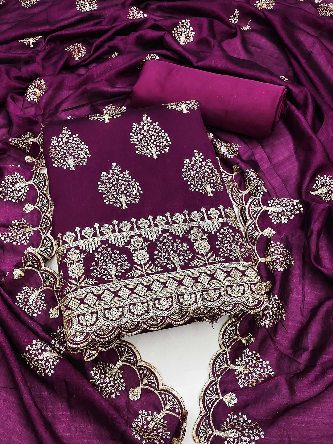 

KALINI Ethnic Motifs Embroidered Sequinned Unstitched Dress Material, Purple