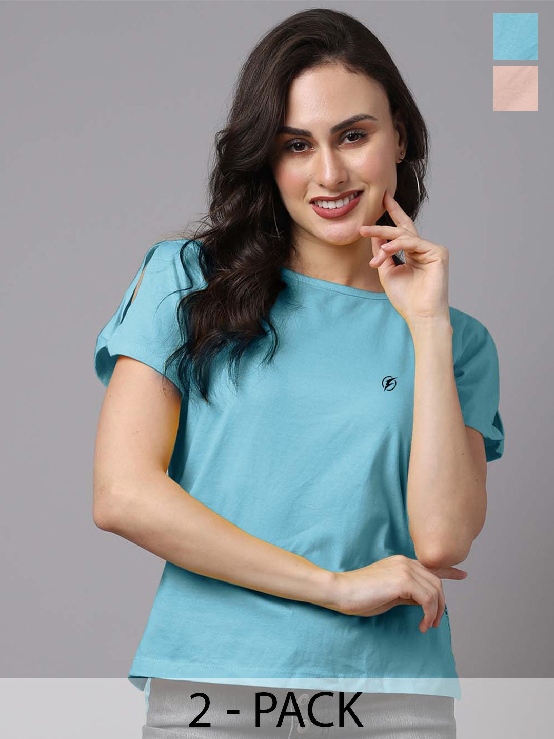 

Friskers Pack Of 2 Cotton Round Neck Short Sleeves Pure Cotton Tops, Turquoise blue