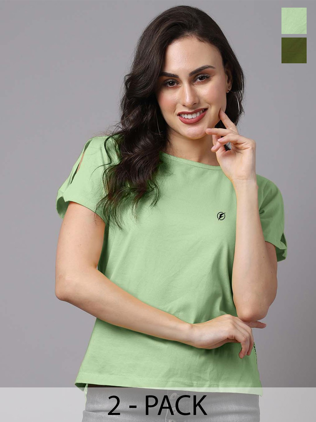

Friskers Pack Of 2 Slit Sleeves Round Neck Pure Cotton Top, Sea green